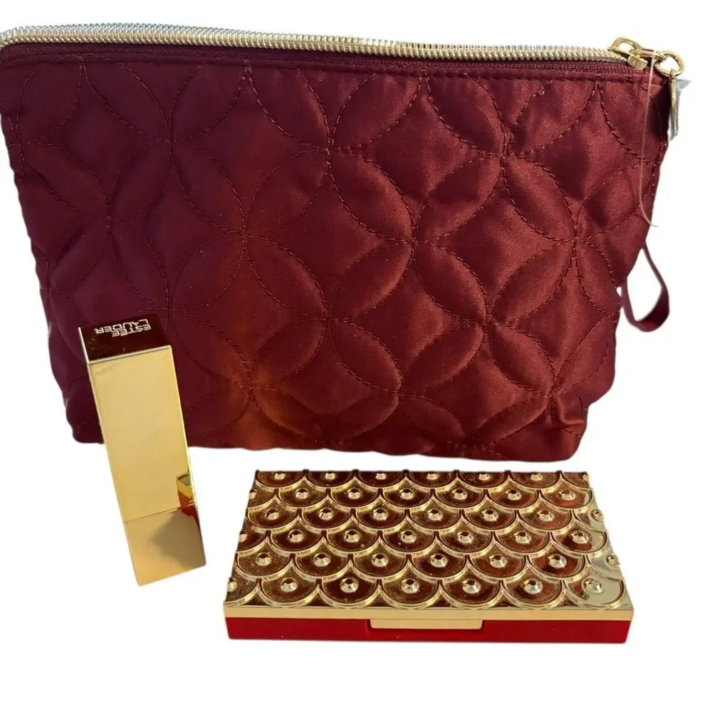 Estee Lauder Lipstick, Eyeshadow,‎ Blush, plus Quilted Burgundy Cosmetic Bag